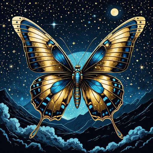 Cybernetic Butterfly with Gold Leaf in Night Sky