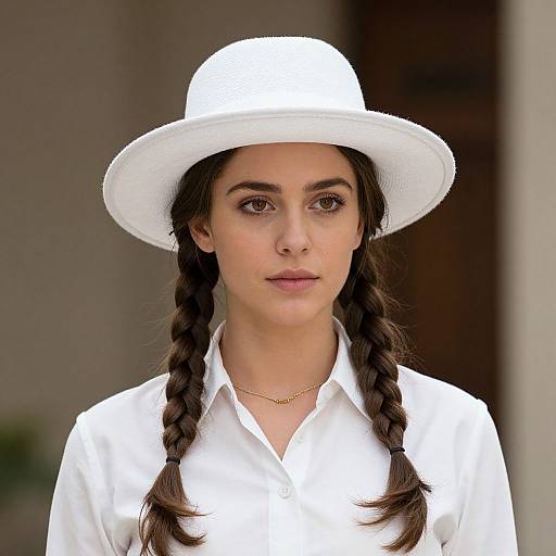 Photograph of a young woman with fair skin, brown eyes, and long brown hair in braids, wearing a white wide-brimmed hat and