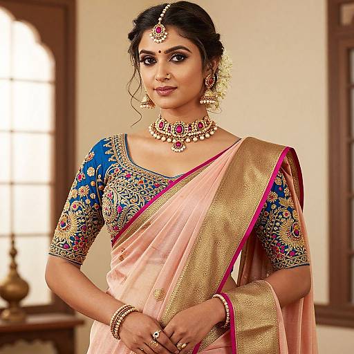 Photograph of an Indian woman in a pink and gold traditional saree with intricate blue and gold embroidery, wearing elaborate jewelry, including a headpiece,