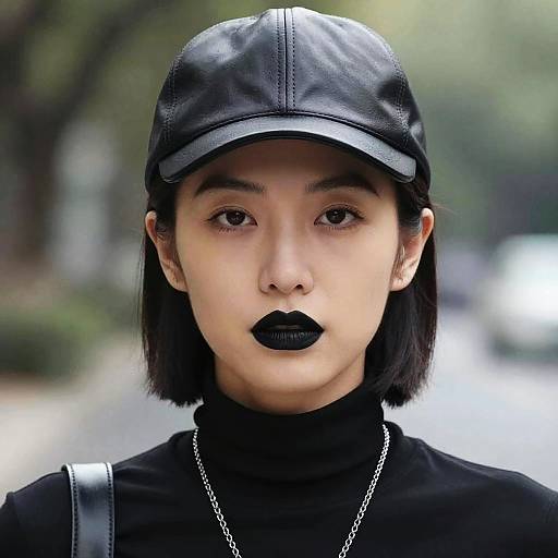 Photograph of an Asian woman with black leather cap, black turtleneck, black lipstick, short black hair, and silver chain, standing outdoors with