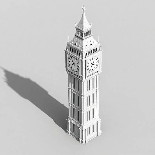 Black-and-white digital rendering of London's Big Ben clock tower, casting a long shadow on a white background.