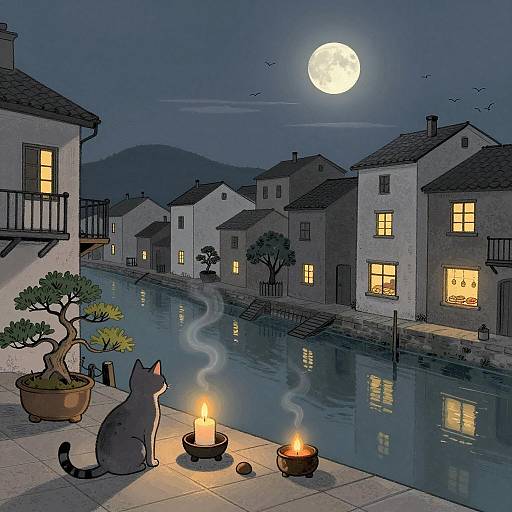 Old European Harbor Village at Night