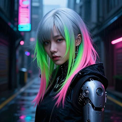 Cyberpunk photograph of a young Asian woman with silver hair, neon green and pink highlights, wearing a black hoodie and robotic arm, standing in a