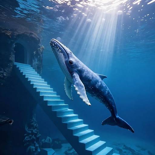 Photograph of a massive humpback whale swimming near an underwater staircase, illuminated by sunlight filtering through the blue ocean water.
