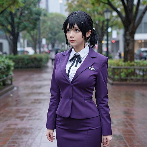 Photorealistic CGI of an Asian woman with black hair in a purple business suit, black ribbon tie, standing on a wet, tree-lined urban street