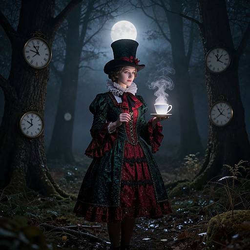 Victorian woman in dark red and black dress, top hat, holding steaming teacup, surrounded by clock trees, under full moon.