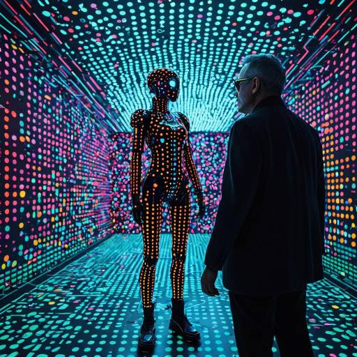 Cyborg and Hacker in Neon Hologram Environment