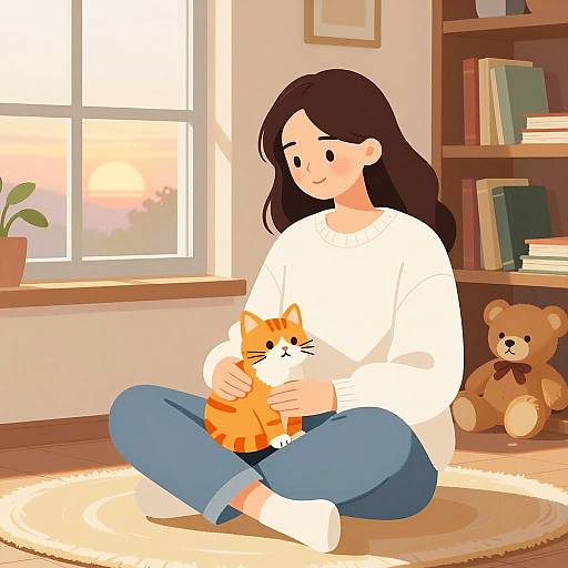 Woman Sitting with Cat at Sunset