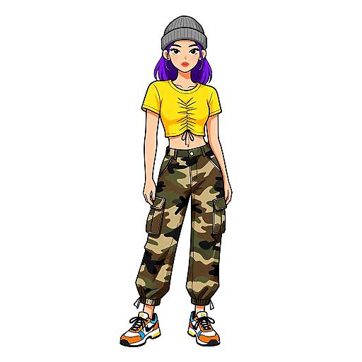 Digital anime-style drawing of a young woman with purple hair, wearing a gray beanie, yellow crop top, and camouflage cargo pants, standing against a