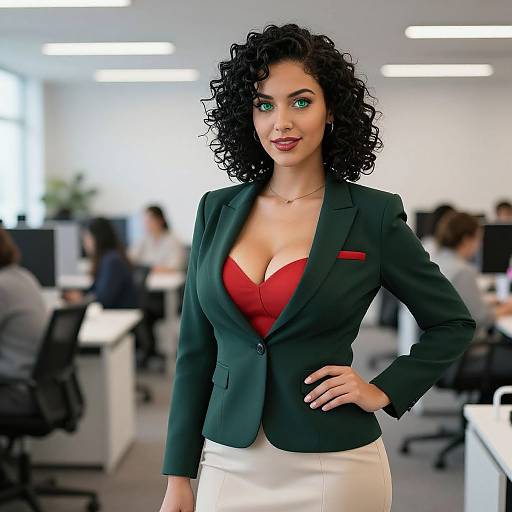 Photorealistic CGI of a confident woman with curly black hair, green eyes, wearing a green blazer over a red bra, and white pants,