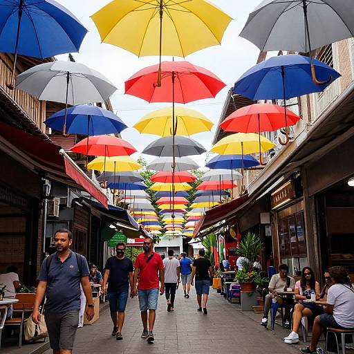 Vibrant Umbrellas Over Bustling Street
