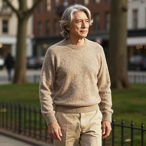 Photograph of an older white man with gray hair, wearing a beige sweater and beige pants, walking outdoors on a sunny day, with blurred buildings and