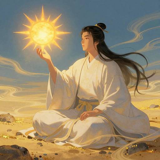 Digital painting of an Asian woman with long black hair in a white kimono, sitting in a desert, holding a bright, starburst sun in her