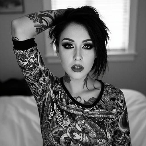Moody Black-and-White Tattooed Woman
