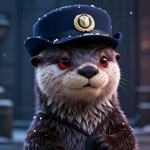 Photorealistic CGI of a fierce-looking otter with red eyes, wearing a black police hat with a gold emblem, set against a snowy, dark