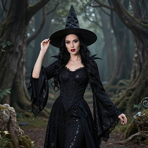 Photograph of a pale-skinned woman with long black hair, wearing a black, lace-patterned witch dress and hat, standing in a misty