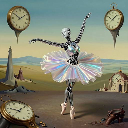 Digital artwork of a metallic ballerina in a glowing tutu, balancing on pointe, surrounded by floating clocks in a surreal landscape.
