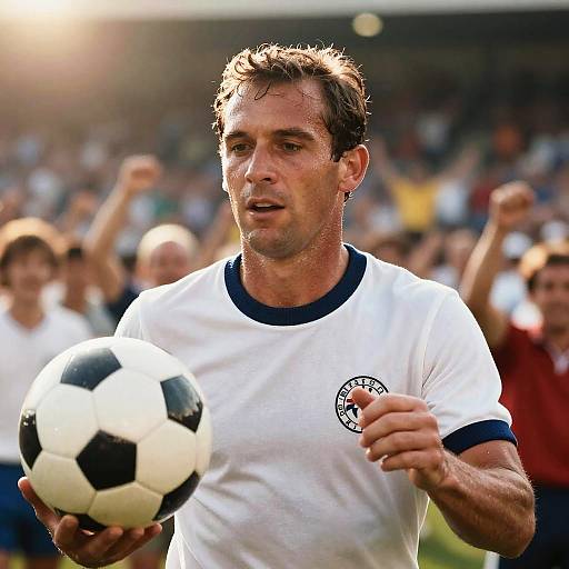 Photograph of a sweaty, brown-haired male soccer player in a white shirt with blue trim holding a black-and-white soccer ball, standing on a sun