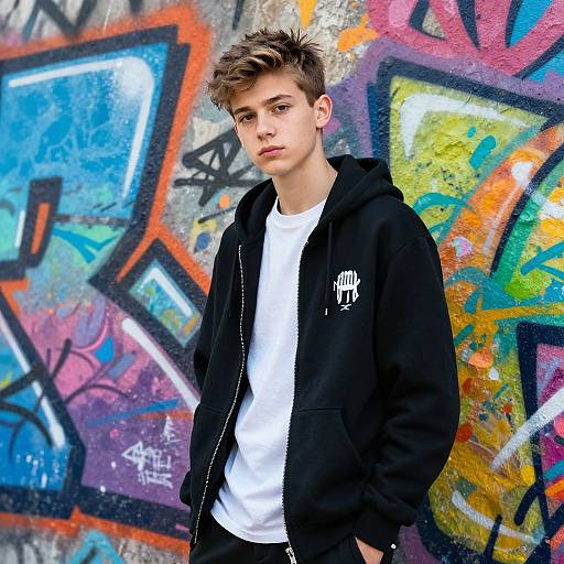 Photograph of a young, light-skinned boy with spiked brown hair, wearing a black hoodie and white shirt, standing in front of vibrant, colorful