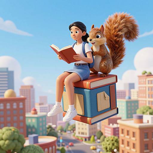 Digital illustration of a cute girl with black hair, wearing a white shirt and blue shorts, reading a book while a squirrel sits beside her on a floating