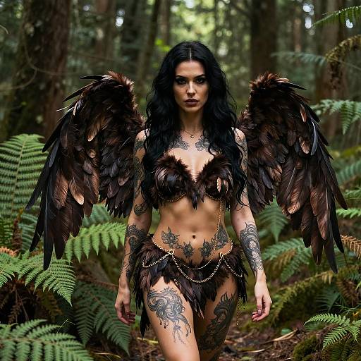 Photograph of a tattooed woman with black feathered wings and dark feathered outfit, standing in a lush forest. Her black hair contrasts with her