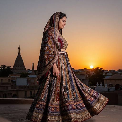 Woman in Traditional Parda Dress at Sunset