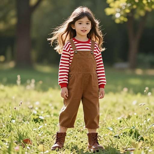 Photograph of a young girl with long brown hair, wearing a red and white striped shirt, brown overalls, and brown boots, standing in a
