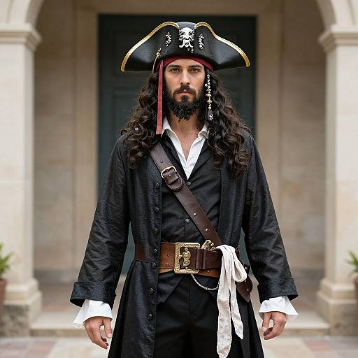 Photograph of a bearded man with long dark hair, wearing a black pirate hat, black coat, white shirt, brown belt, and sash