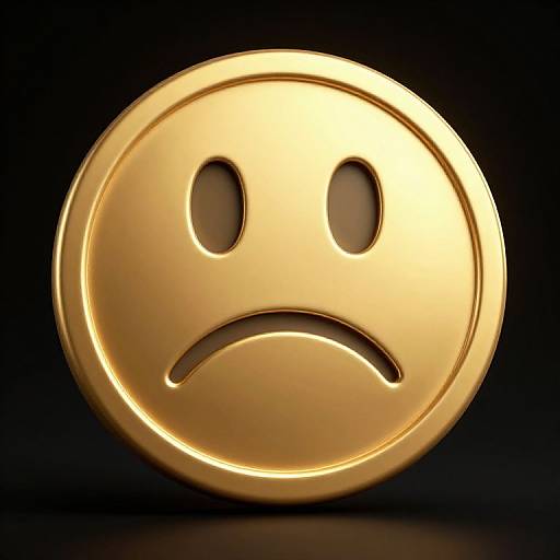 Golden, 3D, circular, emoji with a frowning face and two oval eyes, set against a black background. Digital CGI artwork.