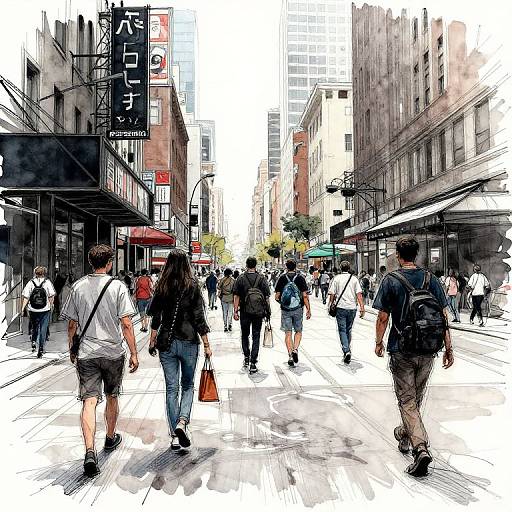 Busy urban street scene in digital illustration style, showing diverse pedestrians walking down a city sidewalk between tall buildings with Japanese signage.