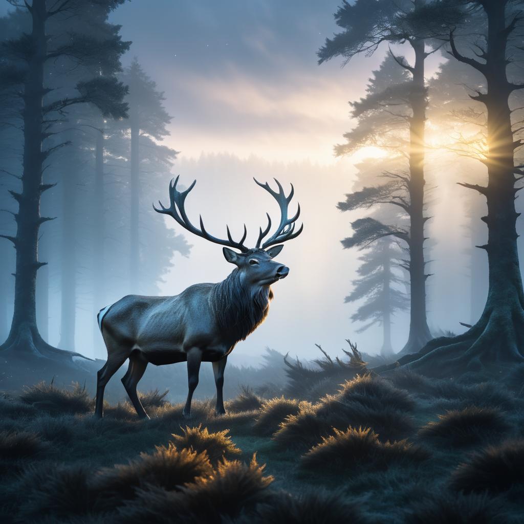 Majestic Stag Amidst Misty Twilight Forest