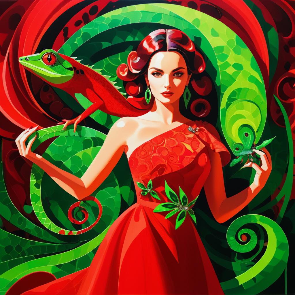 Surreal Woman in Red with Lizard