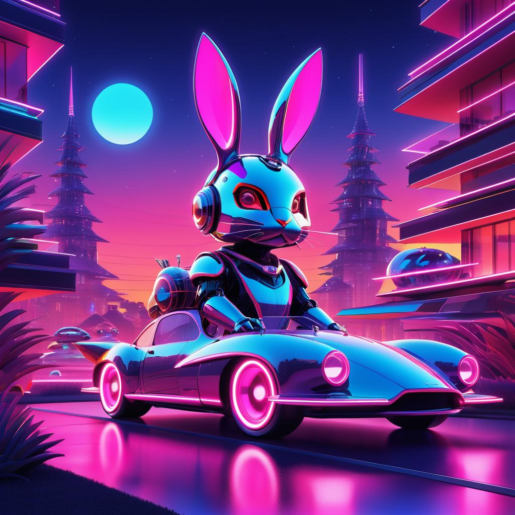 Robotic Rabbit in Retro-Futuristic Sunset