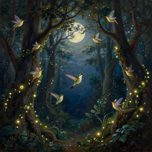 Enchanted moonlit forest illustration: glowing fireflies, colorful butterflies, and hummingbirds orbit a bright full moon, illuminated by twinkling fairy lights