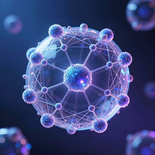 Digital CGI image of a glowing, blue and white molecular sphere with spherical nodes connected by lines, floating against a dark blue, starry background.