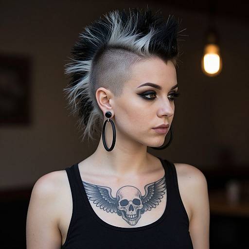Photograph of a pale-skinned, punk-style woman with a mohawk, black tank top, large hoop earrings, and skull tattoo with wings on