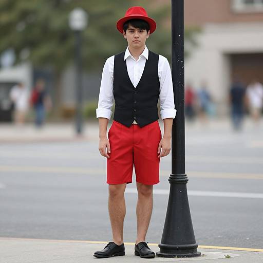 Photograph of a young man in a red hat, white shirt, black vest, and red shorts, standing on a street corner.