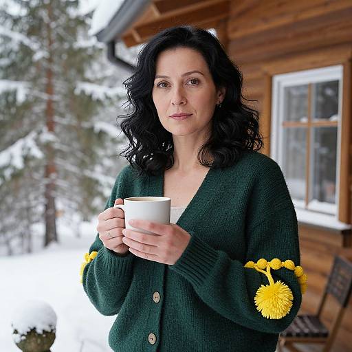 Photograph of a middle-aged woman with wavy black hair, wearing a green cardigan with yellow flower patterns, holding a white mug, standing in