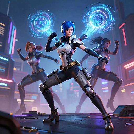 CGI image of a blue-haired woman with glowing blue energy spheres, wearing a futuristic black and white bodysuit, flanked by two similarly armored