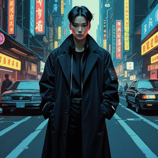 Cyberpunk Young Man in Black Coat on City Street