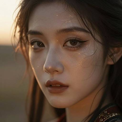 Close-up photograph of a young Asian woman with large, expressive eyes, dark brown hair, and subtle makeup, illuminated by soft sunset light, with a