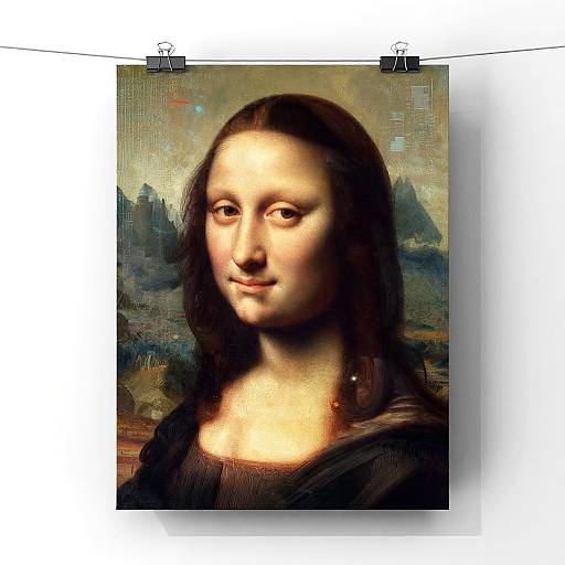 Digital artwork of the Mona Lisa with a modern twist; she has lighter skin and longer, darker hair, hanging on a clothesline.