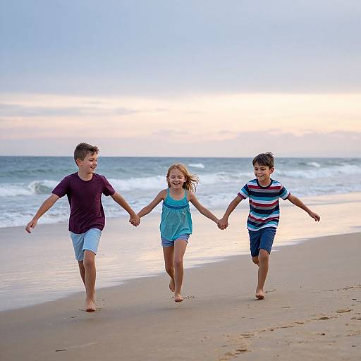 Photograph of three children holding hands, running on a sandy beach at sunset, with the ocean and sky in the background.