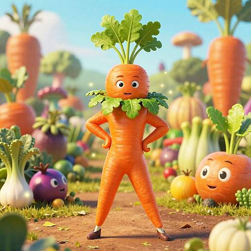 Cartoon orange carrot character with green leaves, smiling, hands on hips, standing in colorful vegetable garden, sunny, playful, CGI style.