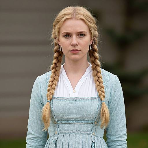 Photograph of a young blonde woman with braided hair, wearing a light blue dress over a white blouse, standing against a blurred gray background.