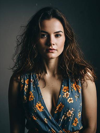 Woman in Blue Floral Wrap-Front Jumpsuit