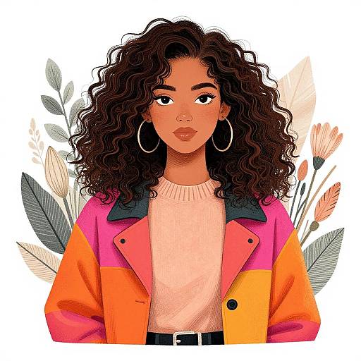 Elegant Woman with Curly Hair and Flora