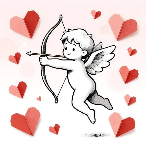 Neo-Noir Cupid Leaping Amid Origami Hearts