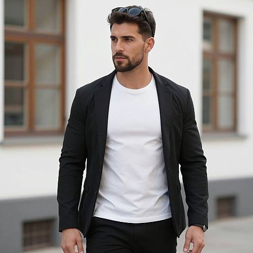Photograph of a handsome, bearded man with dark hair, wearing a black blazer, white t-shirt, and black pants, standing outdoors in