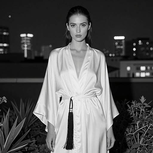 Night-time photograph of a young woman with long hair, wearing a white, satin, V-neck robe, standing in front of a city skyline with blurred
